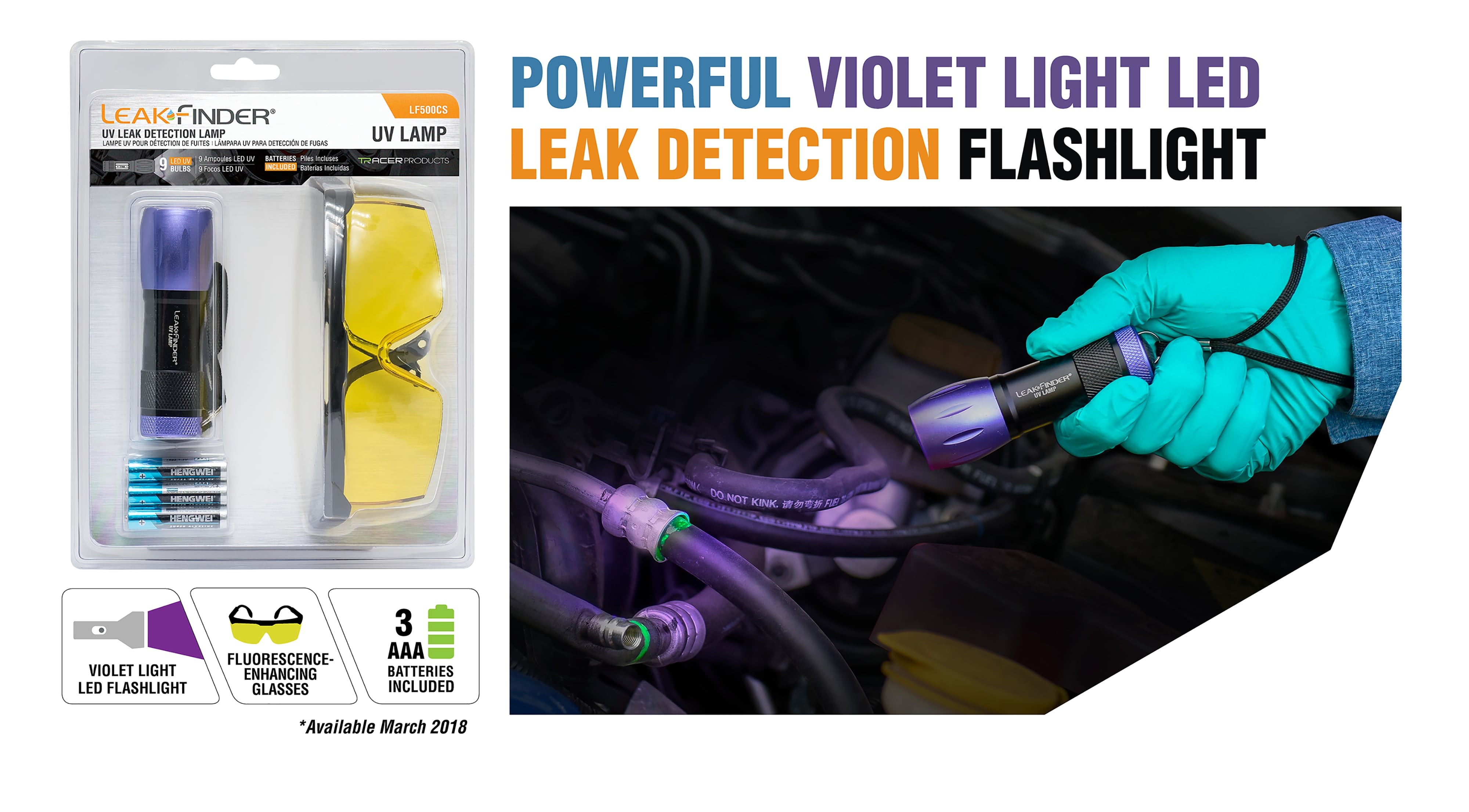 Produits colorants pour la détection des fuites et lampe UV de LeakFinder®.