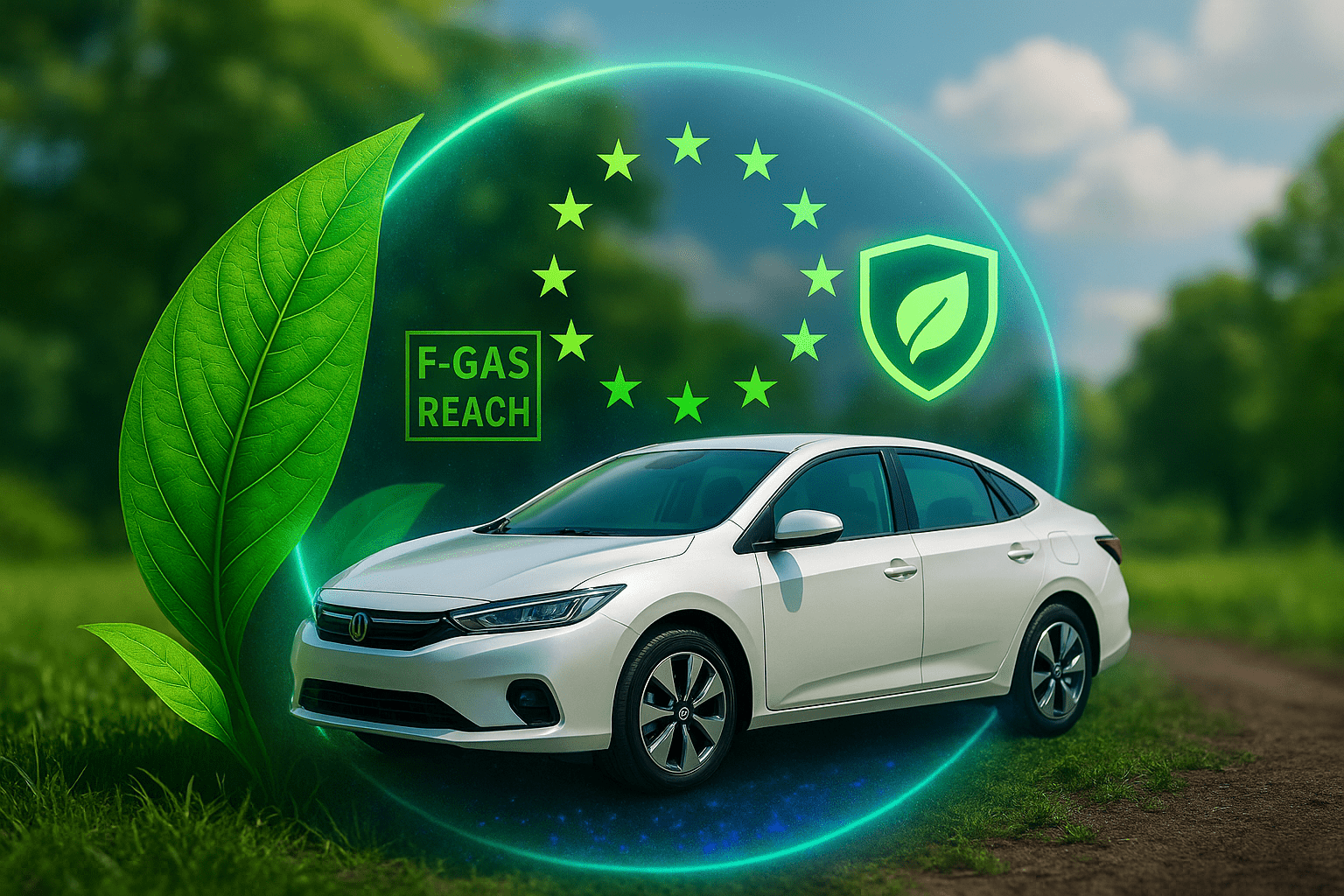 Car in a bubble with ECO-friendly imagery highlighting F-Gas and Reach Environmental regulations