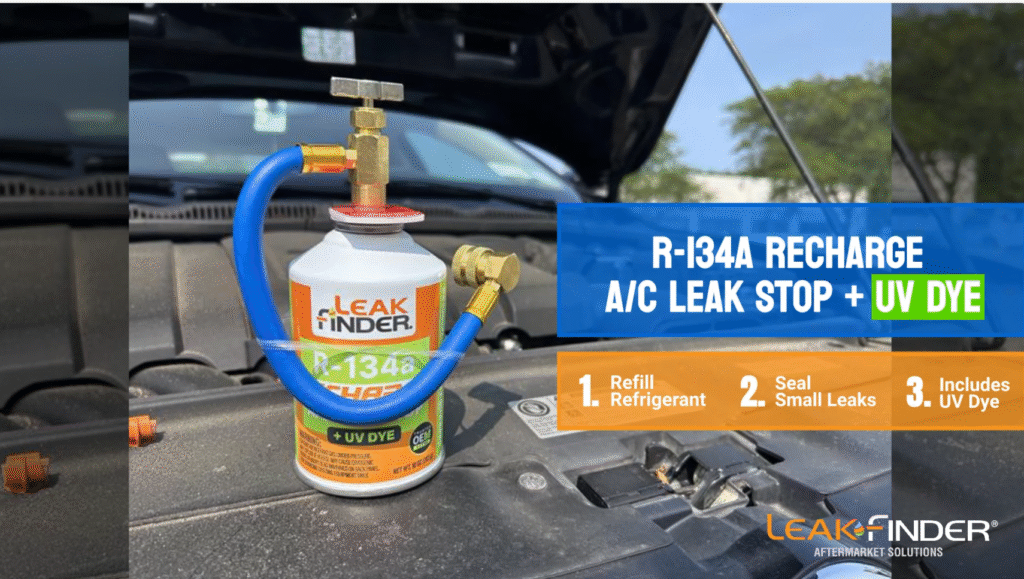 LF134H from LeakFinder on hood of car with product highlights overlay, R-134A Recharge A/C Leak Stop + UV Dye